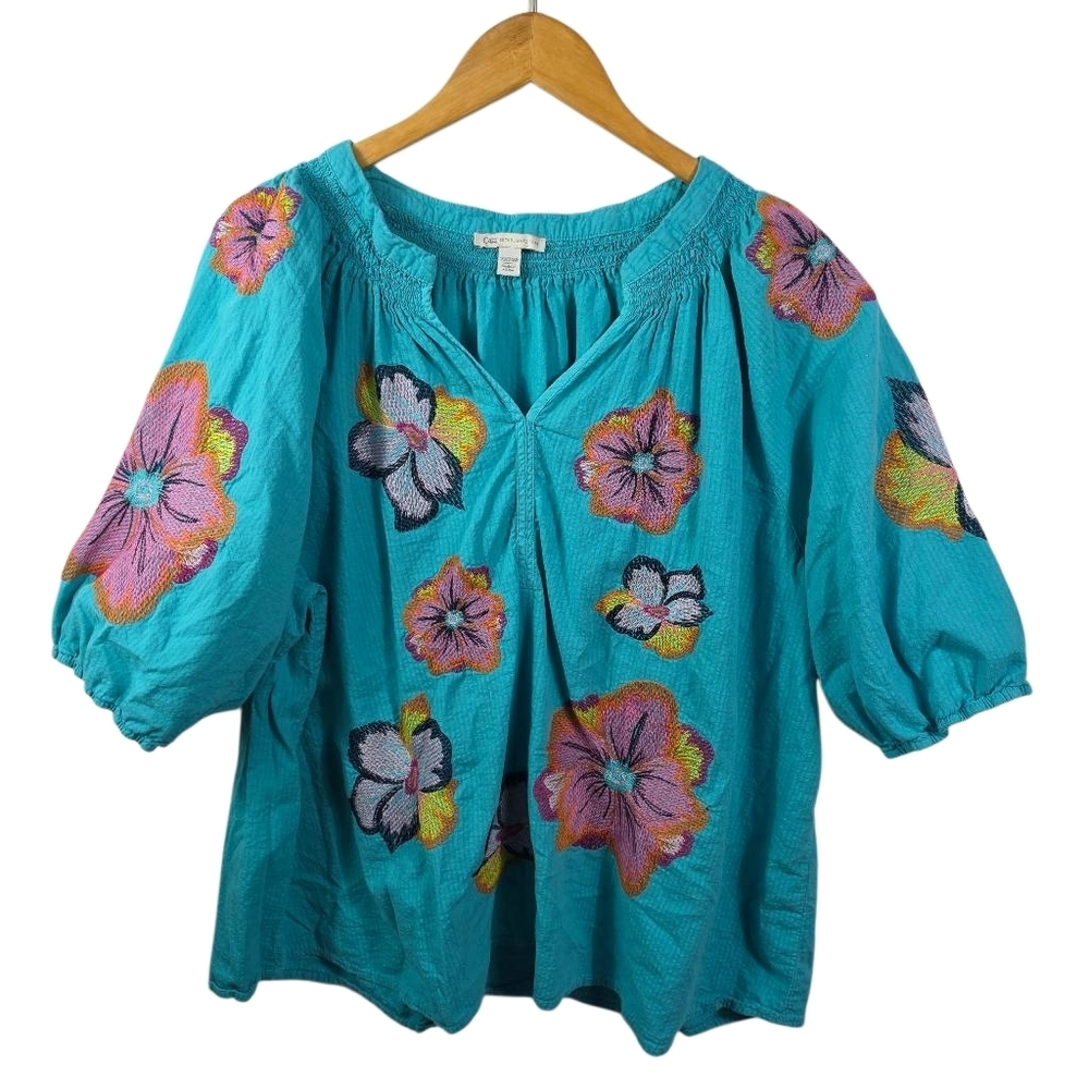 Cato Turquoise Floral Embroidered Peasant Top Size 22/24 - Picture 2 of 14